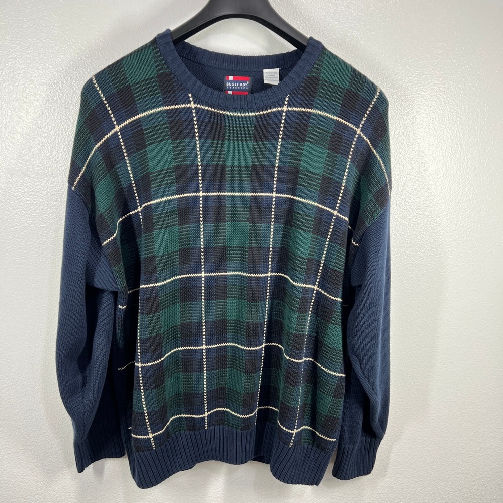 Vtg. Bugle Boy Classics Plaid Cotton Sweater XL Crew Neck Pullover‎ Green Blue